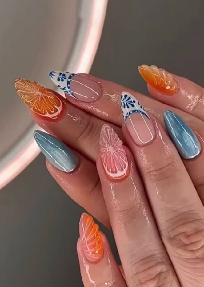 Summer nail set with hand-painted fruit and floral art
